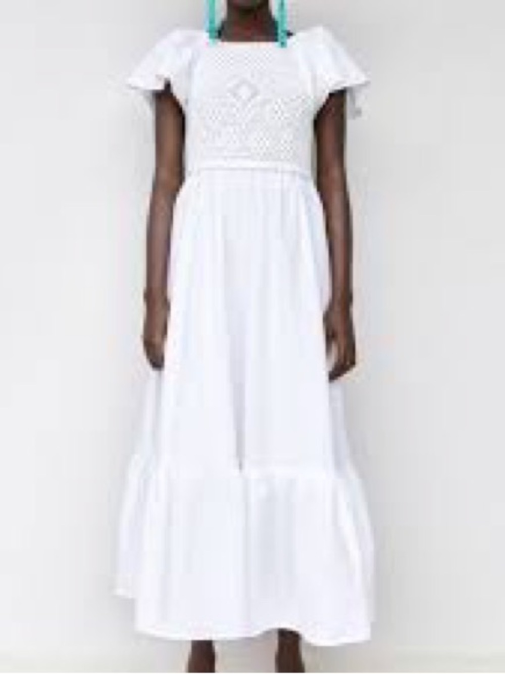 Zara White Crochet-Front Maxi Dress with strappy back, size XS